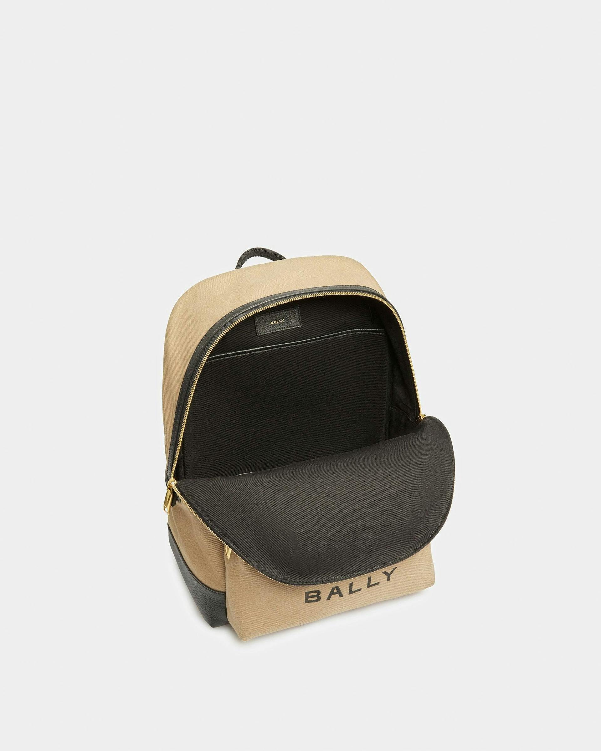 Men's Bar Backpack In Sand And Black Fabric And Leather | Bally | Still Life Open / Inside