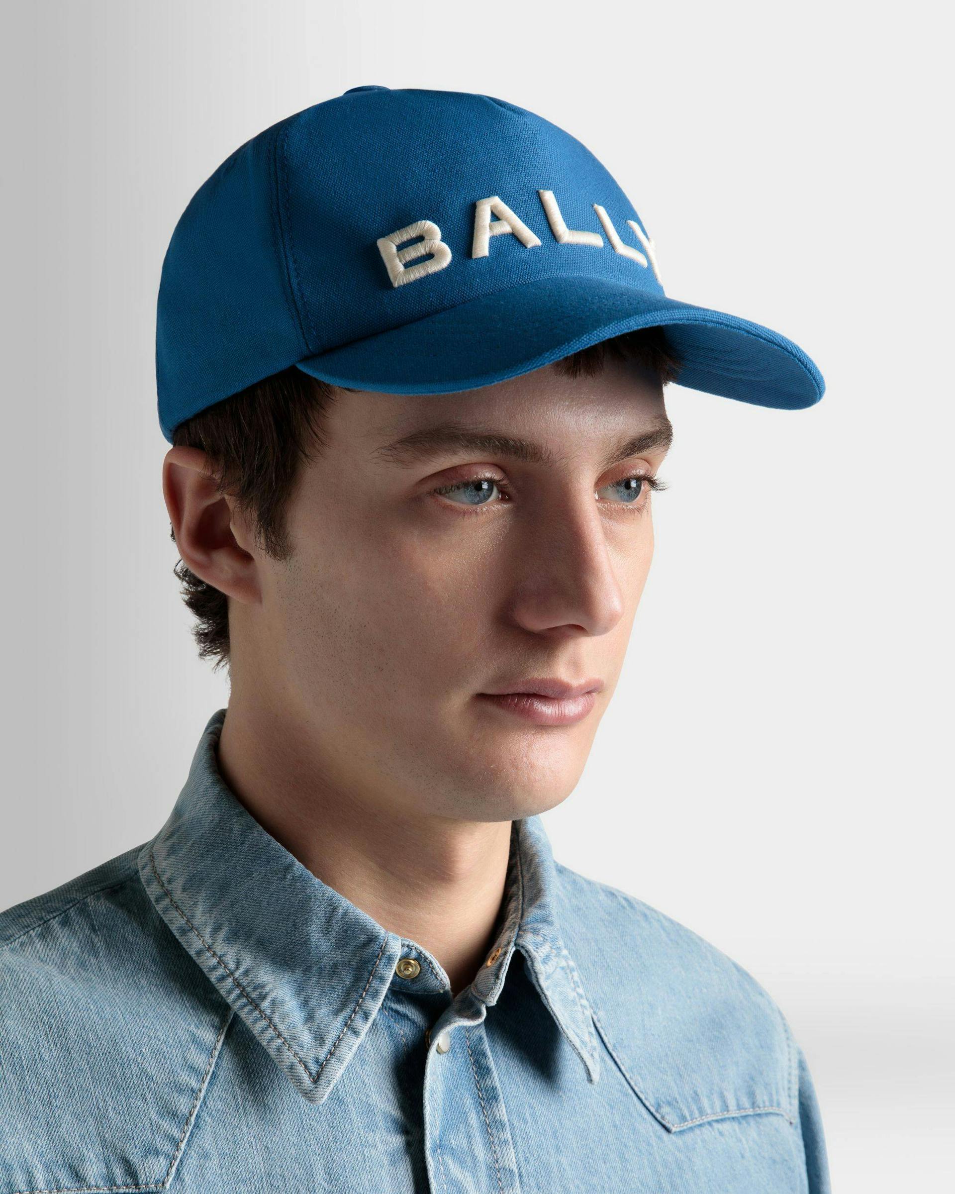 Men's Baseball Hat In Blue Cotton | Bally | On Model Front