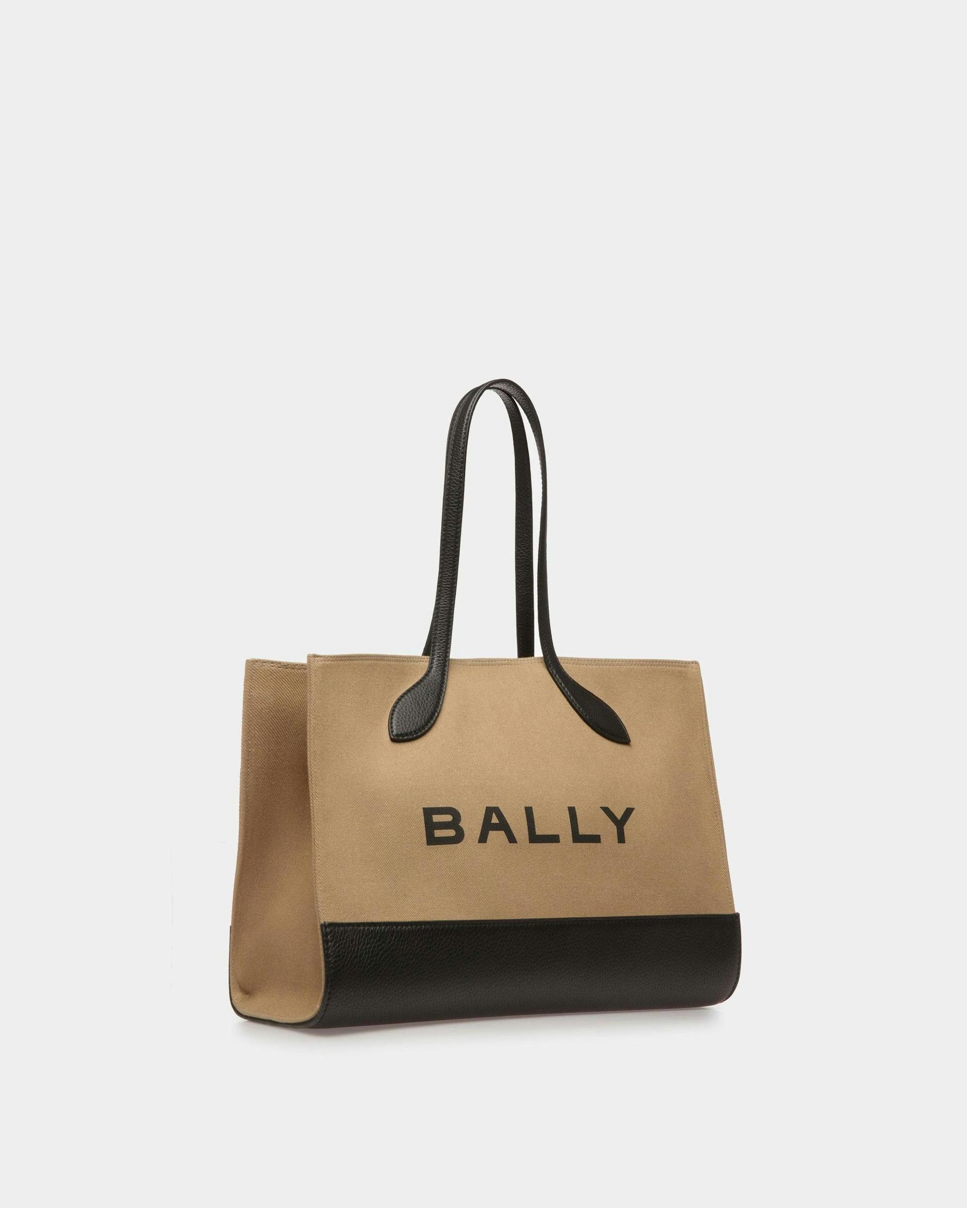 Women's Bar Tote Bag In Sand And Black Fabric | Bally | Still Life 3/4 Front