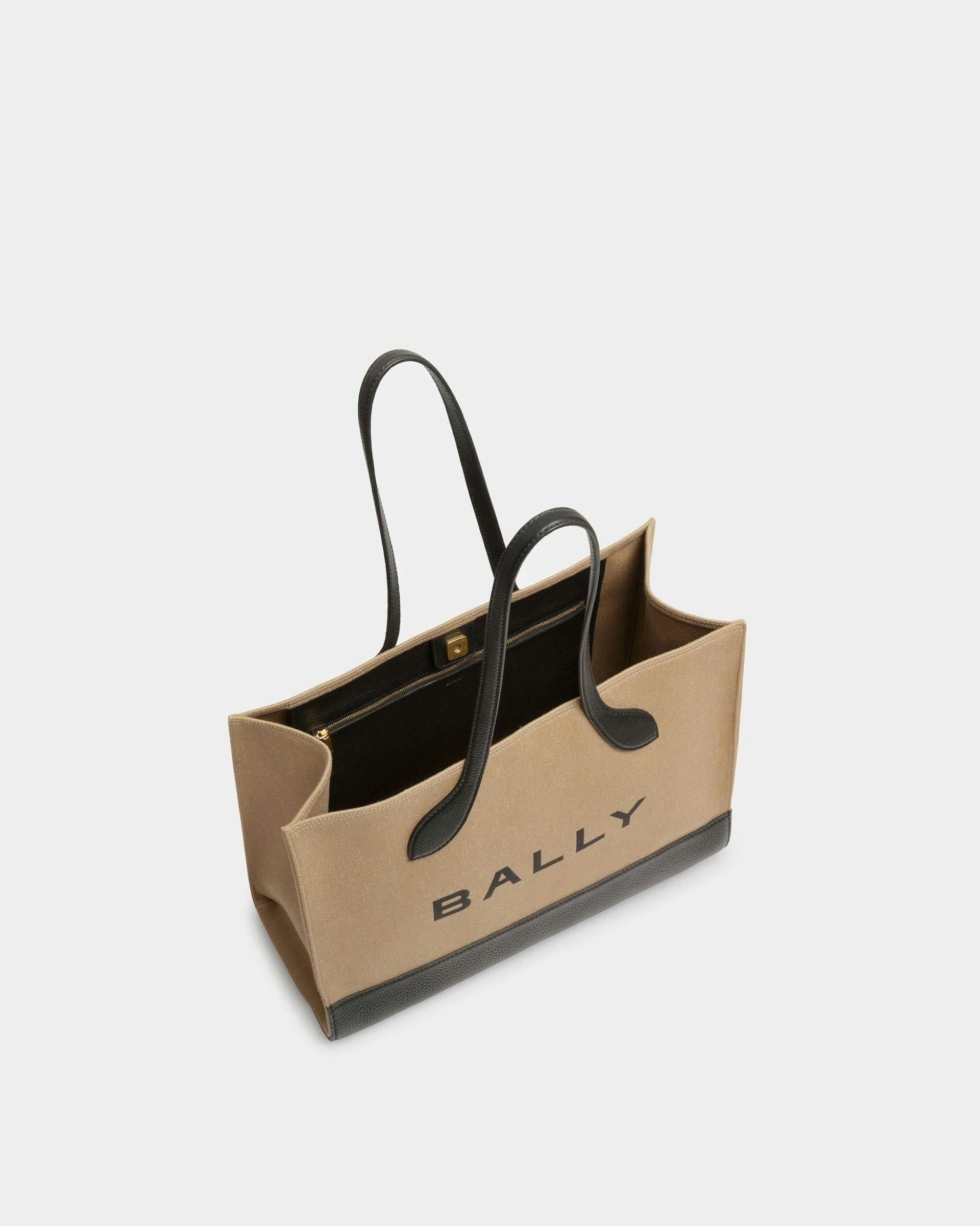 Women's Bar Tote Bag In Sand And Black Fabric | Bally | Still Life Open / Inside