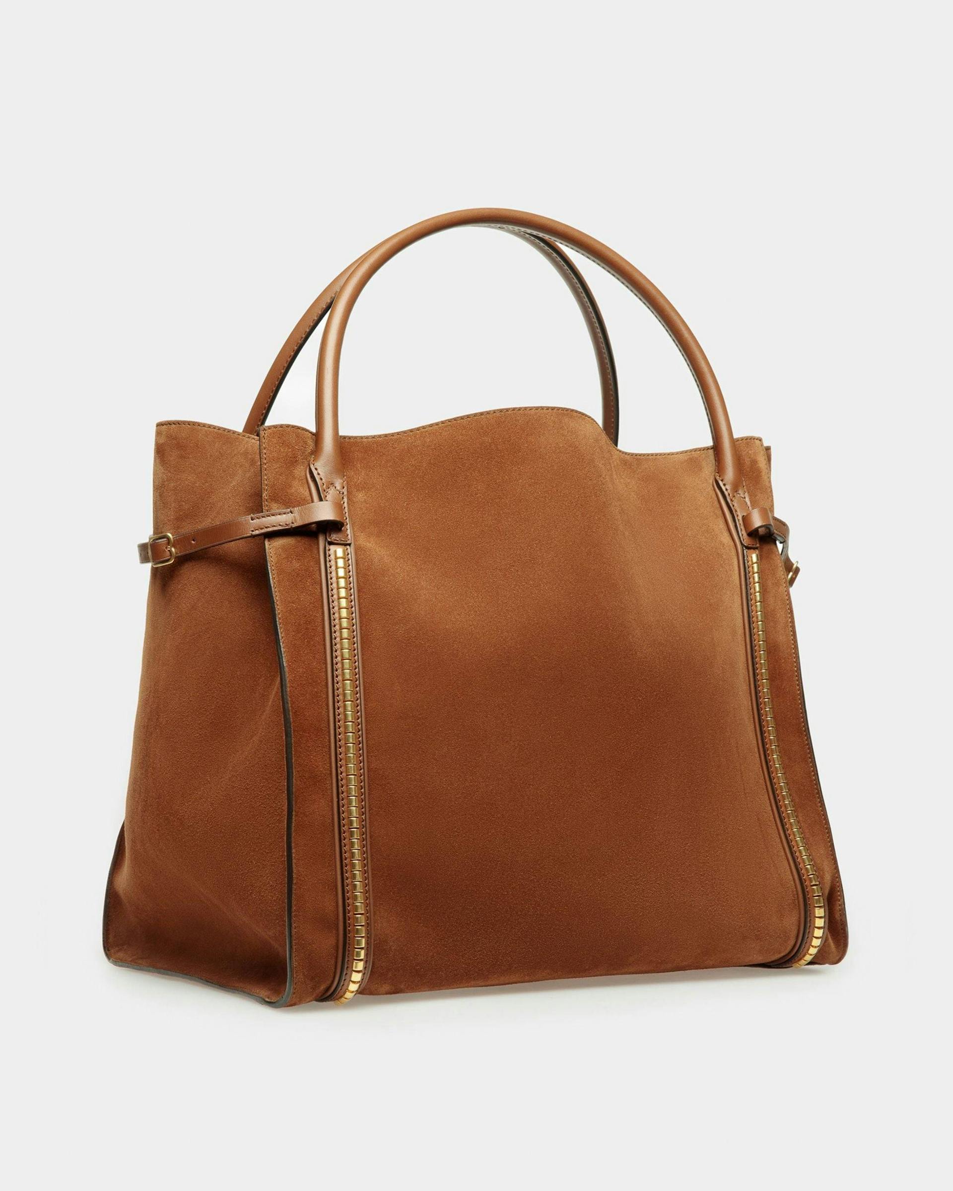 Women's Chesney Extra Large Tote Bag In Brown Suede Leather | Bally | Still Life 3/4 Front