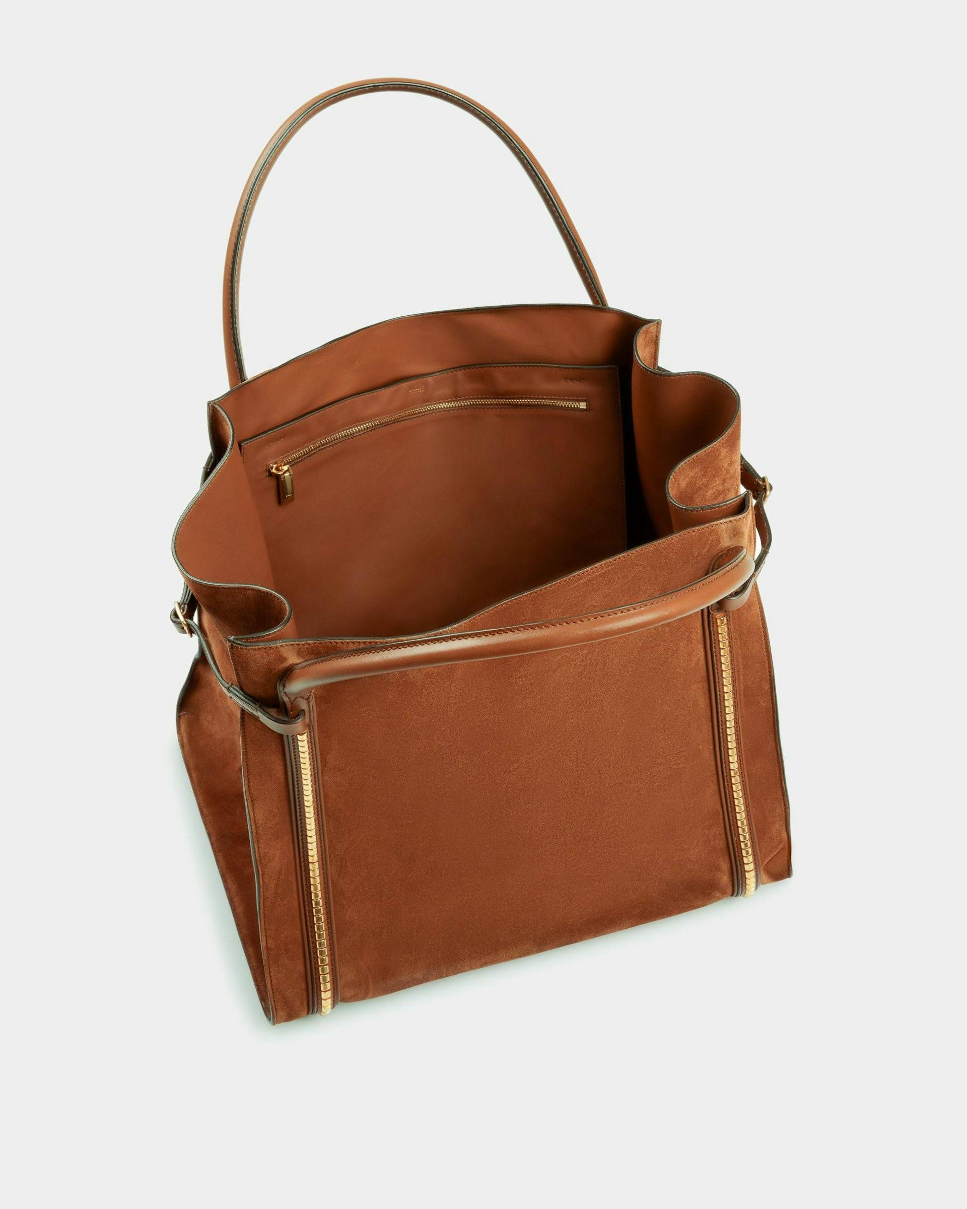 Women's Chesney Extra Large Tote Bag In Brown Suede Leather | Bally | Still Life Open / Inside