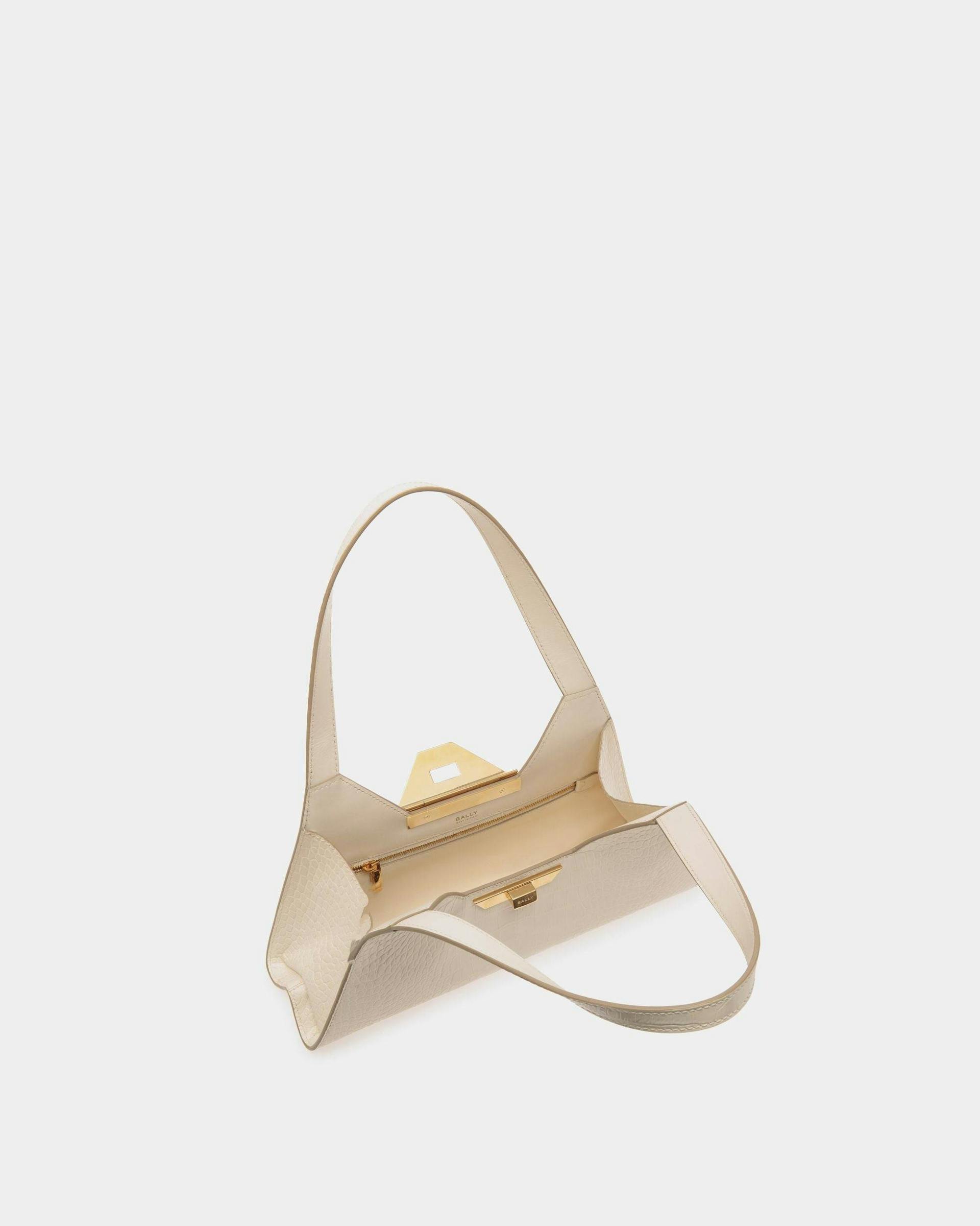 Women's Tilt Small Shoulder Bag In White Crocodile Print Leather | Bally | Still Life Open / Inside