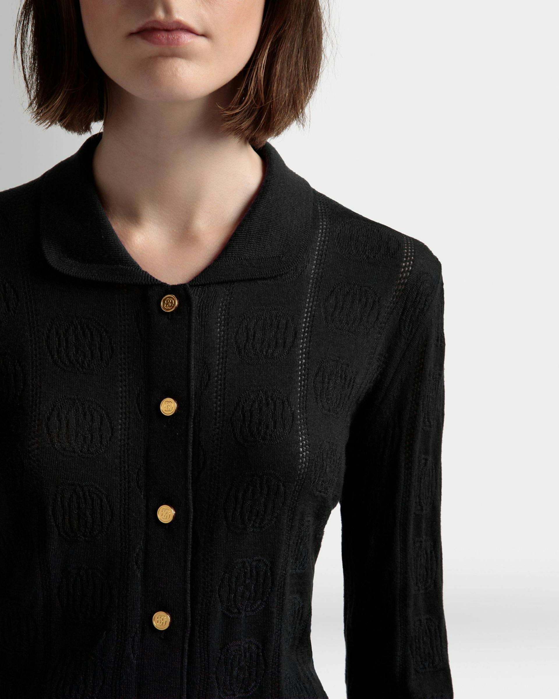 Women's Knit Detail Long Sleeve Polo In Black Wool | Bally | On Model Detail