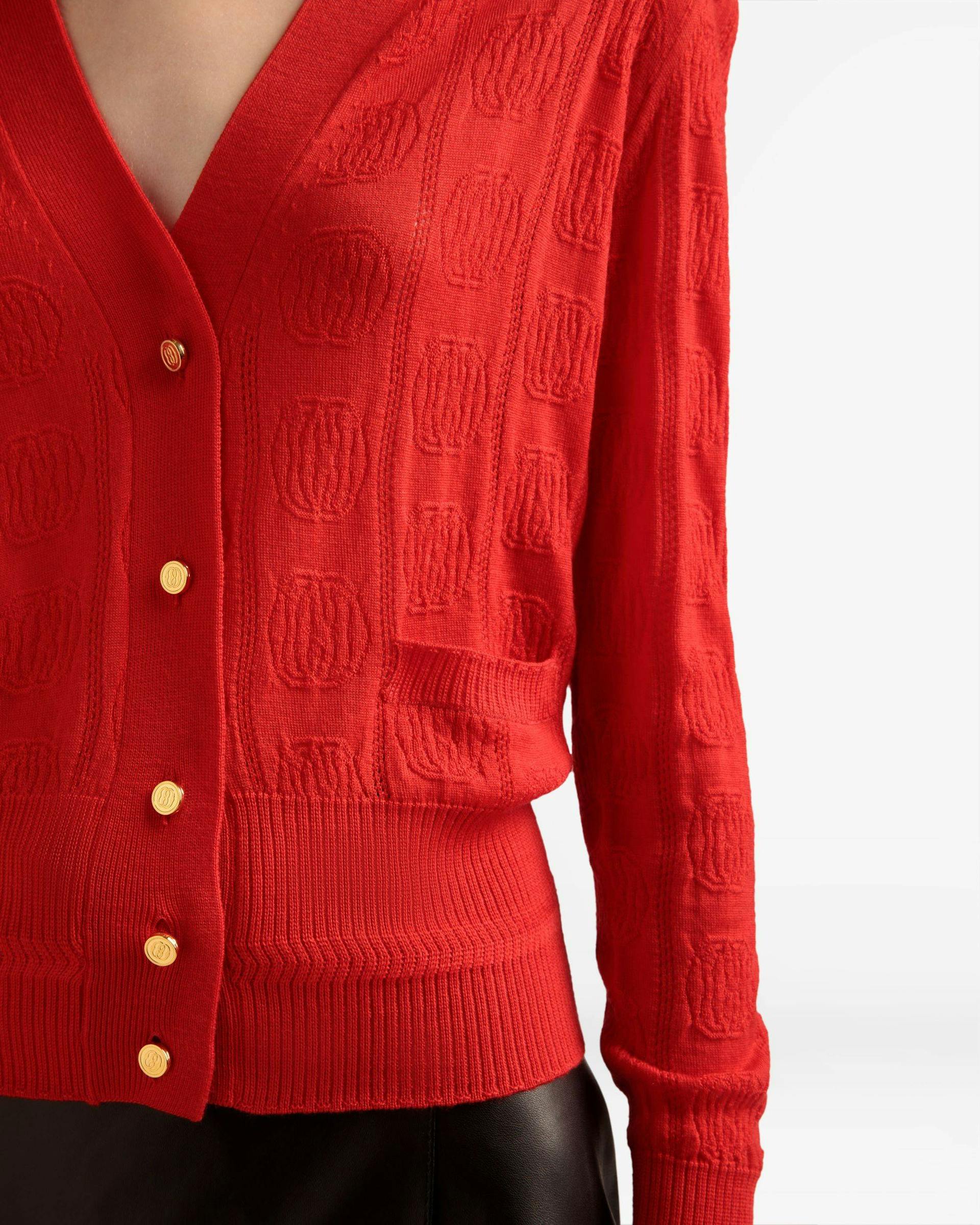 Women's Knit Detail Cardigan In Deep Ruby Wool | Bally | On Model Detail