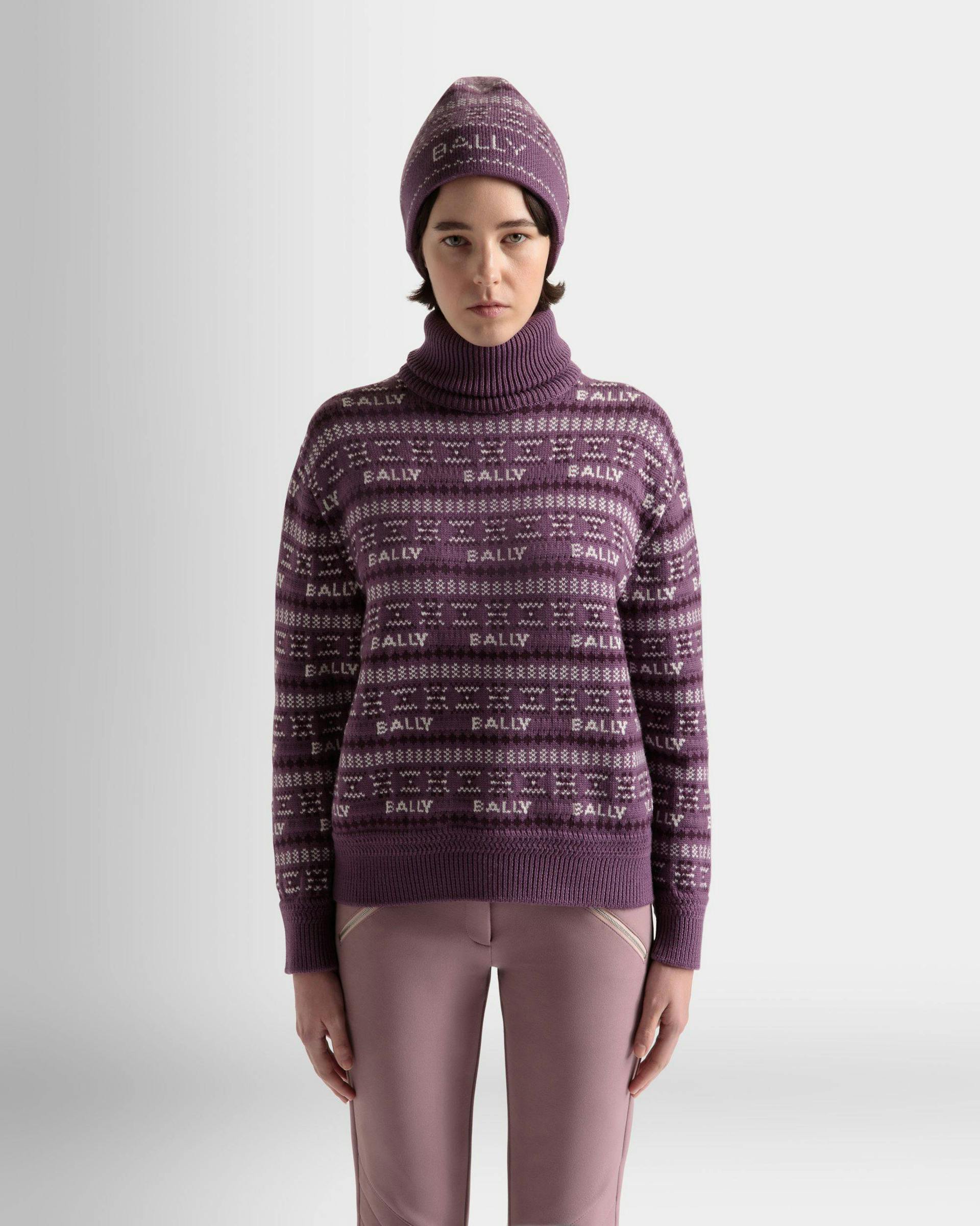 Women's Turtleneck Sweater In Purple Wool | Bally | On Model Close Up