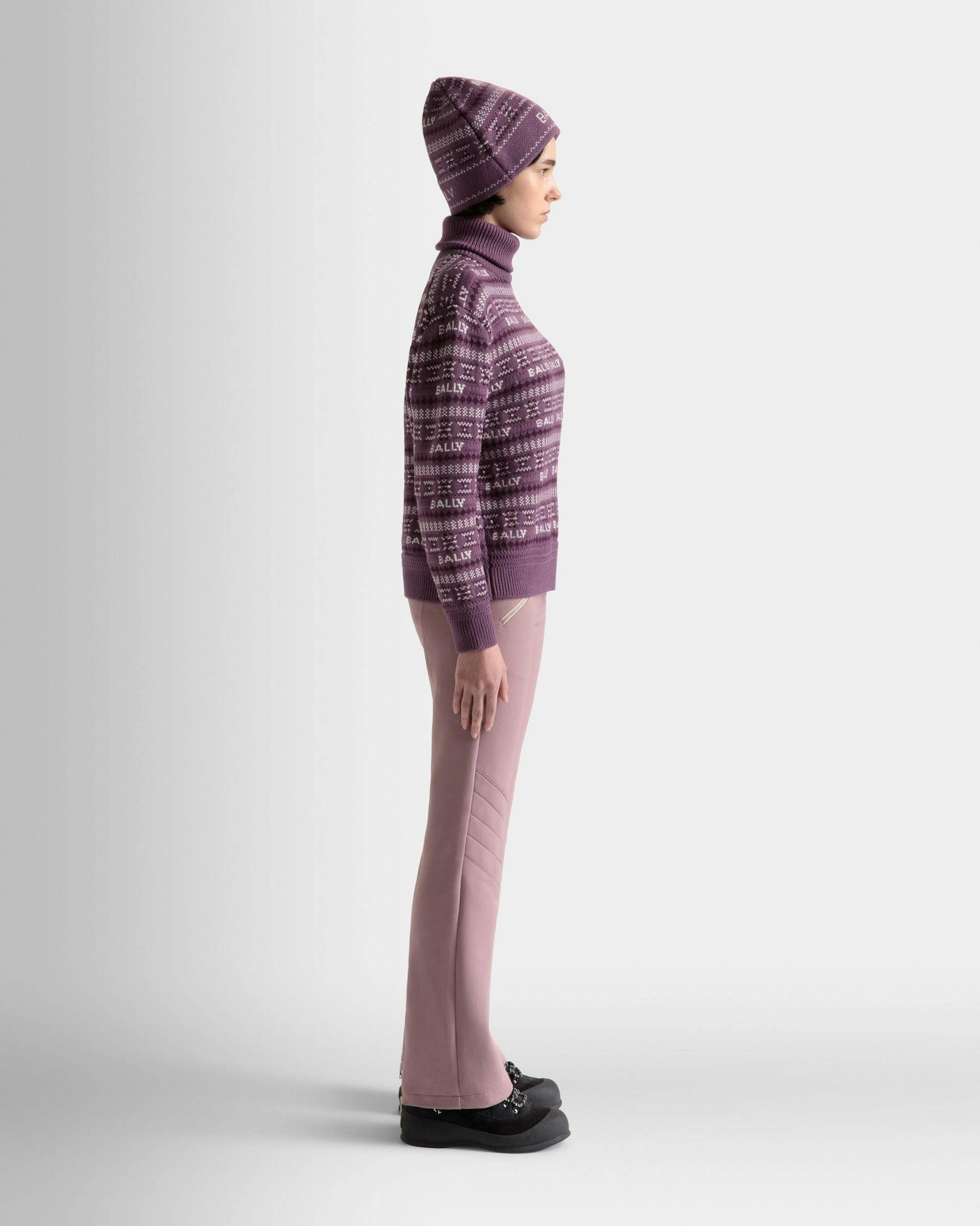 Women's Turtleneck Sweater In Purple Wool | Bally | On Model 3/4 Front