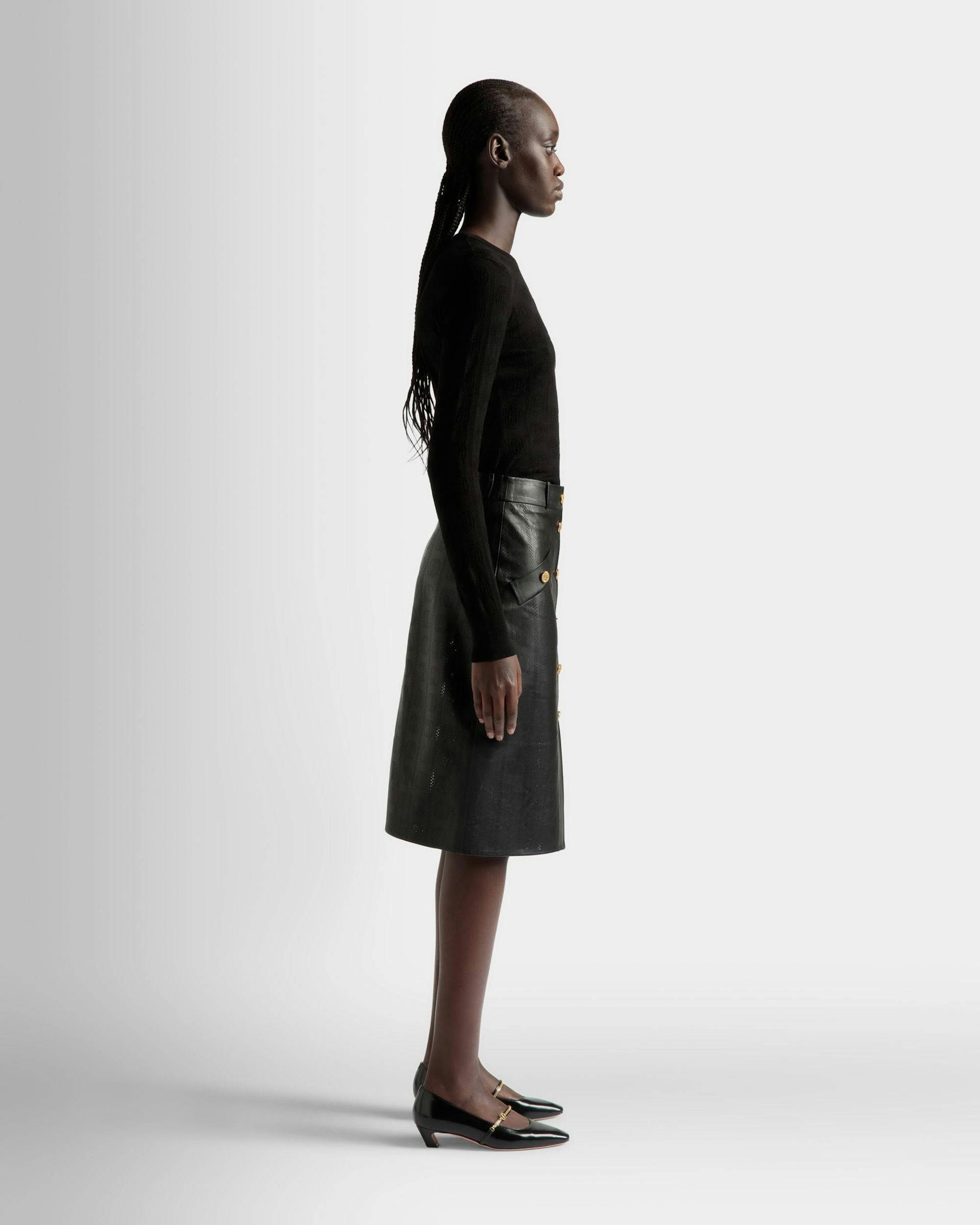 Women's Midi Skirt In Black Leather | Bally | On Model 3/4 Front