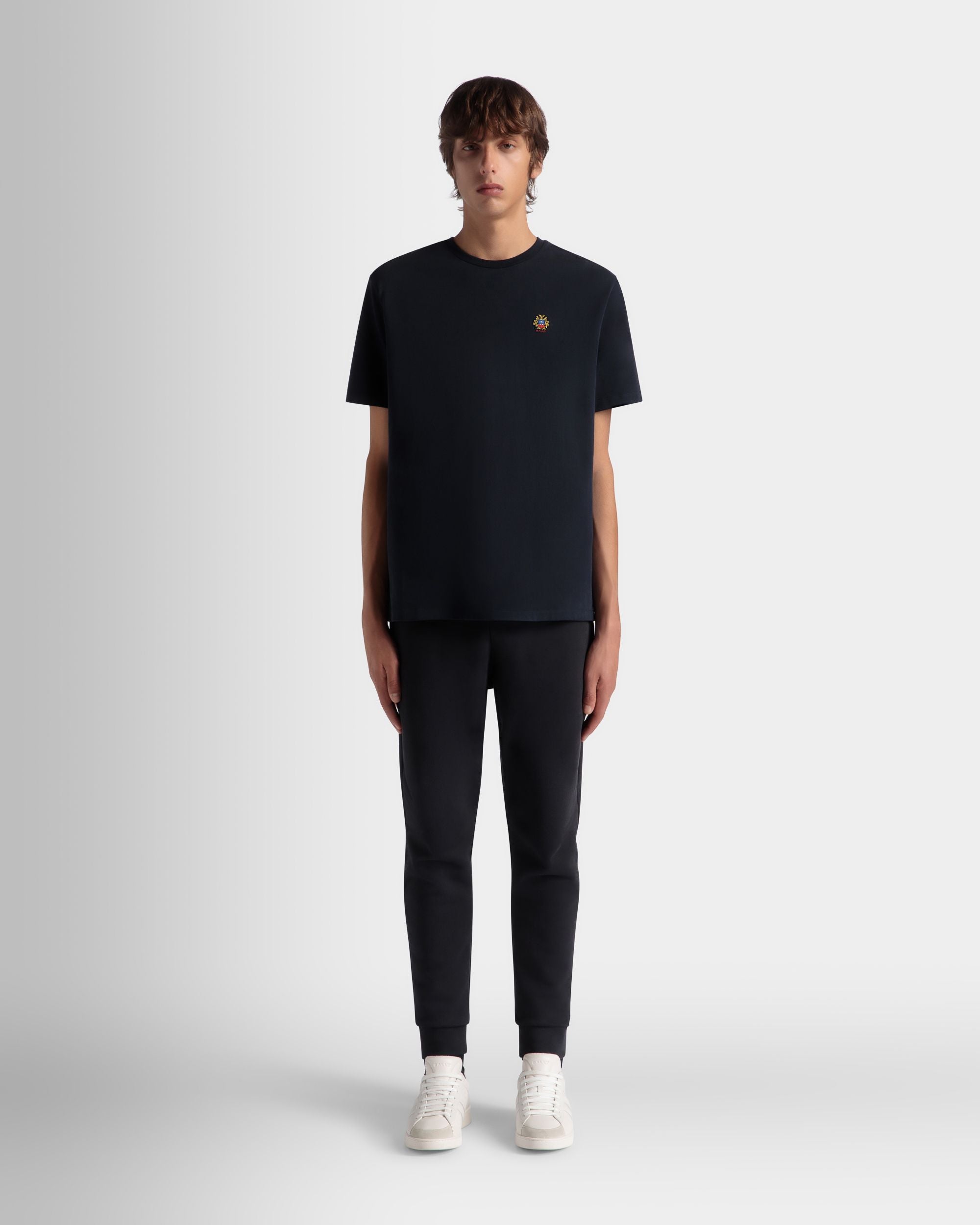 Bally Global - T-Shirt With a Bally Crest Logo In Navy Blue Cotton - Blue