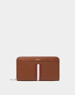 Ribbon Zip Around Wallet in Amber Brown Grained Leather