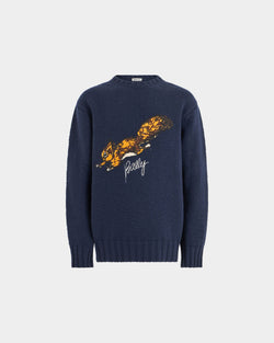 Christmas Crewneck Sweater in Navy Blue Wool With a Bally Logo And Squirrel