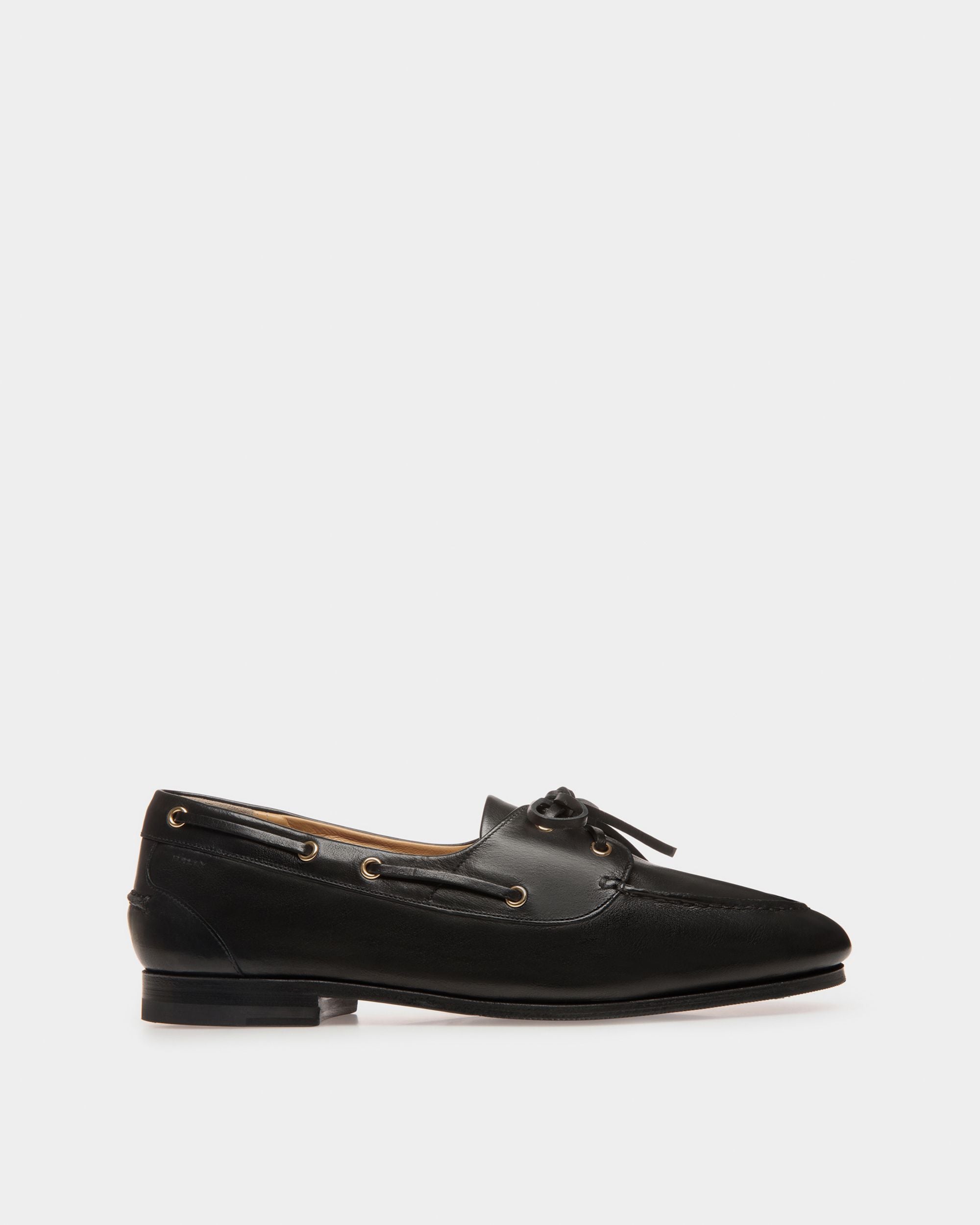 Plume | Men's Moccasin in Black Leather| Bally | Still Life Side
