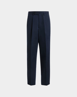 Regular Pleated Pants in Navy Blue Cotton Blend