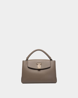 Lock Me Small Top Handle Bag in Taupe Grained Leather