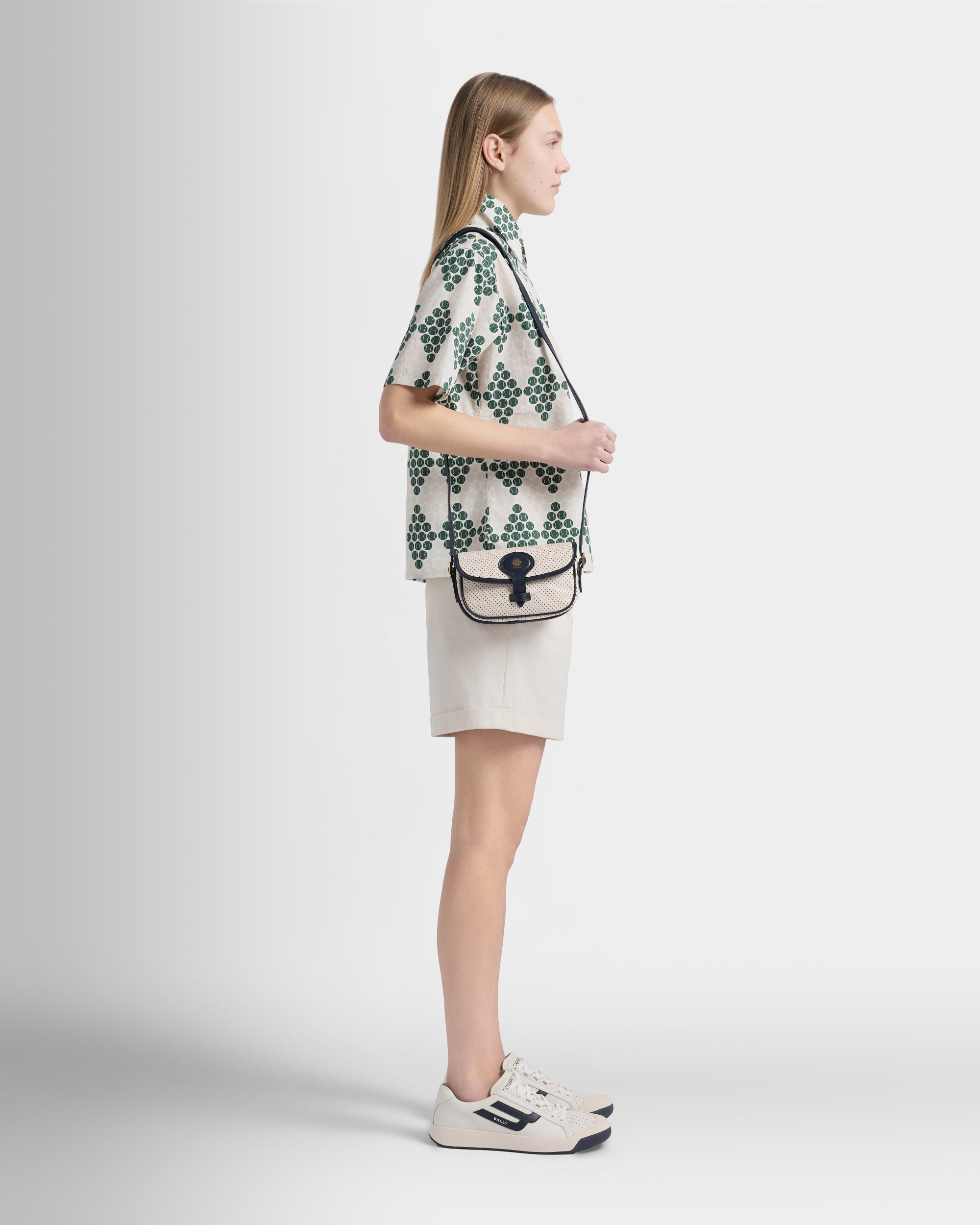 Bally Global - Tennis Collection Minibag in Ivory and Blue Perforated Leather - White