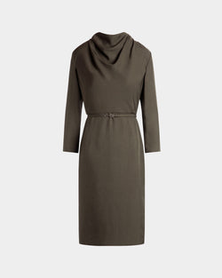 Belted Midi Dress In Military Green Fluid Twill