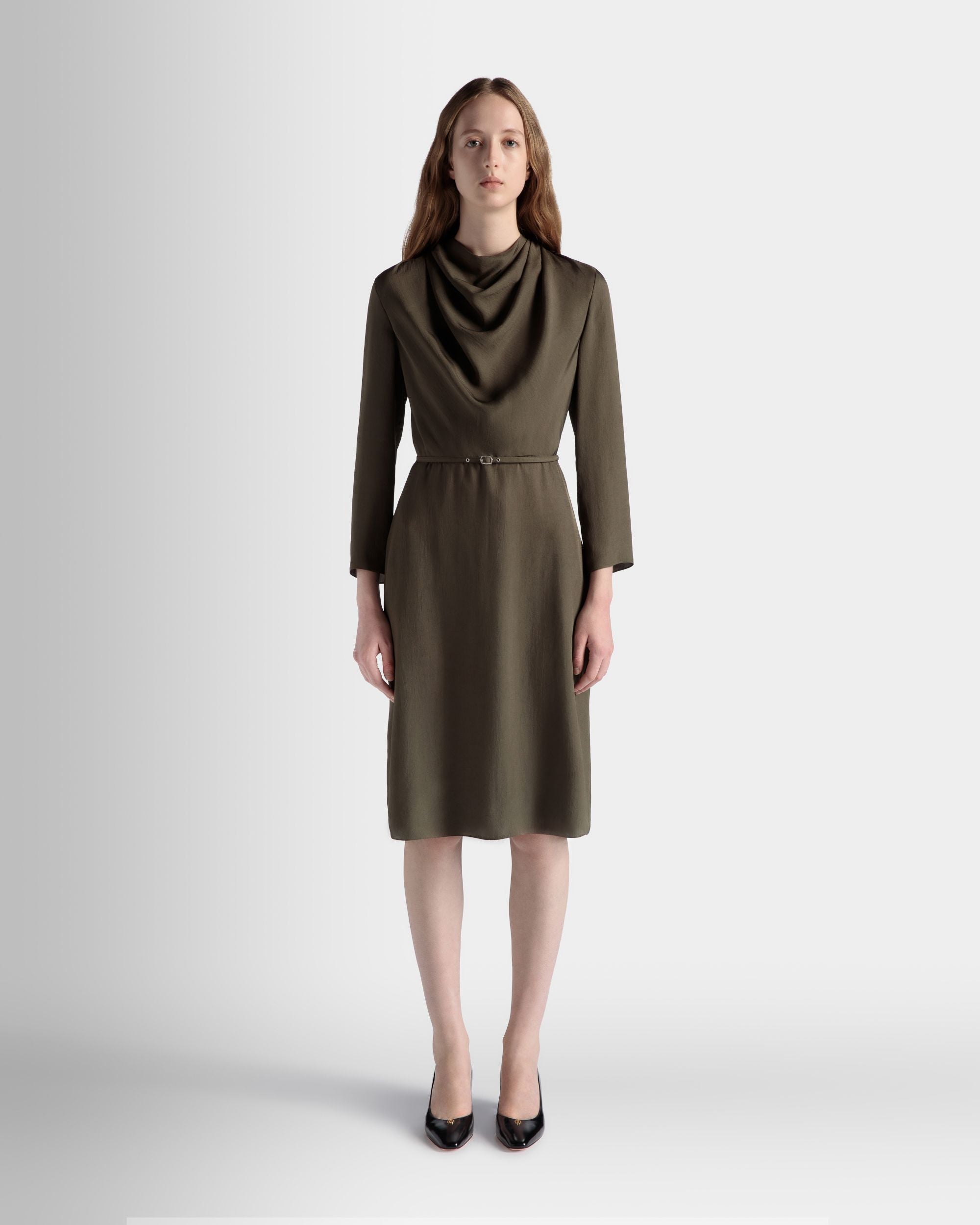 Bally Global - Belted Midi Dress In Military Green Fluid Twill - Green
