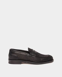 Flair Loafer in Black Fabric and Rhinestones