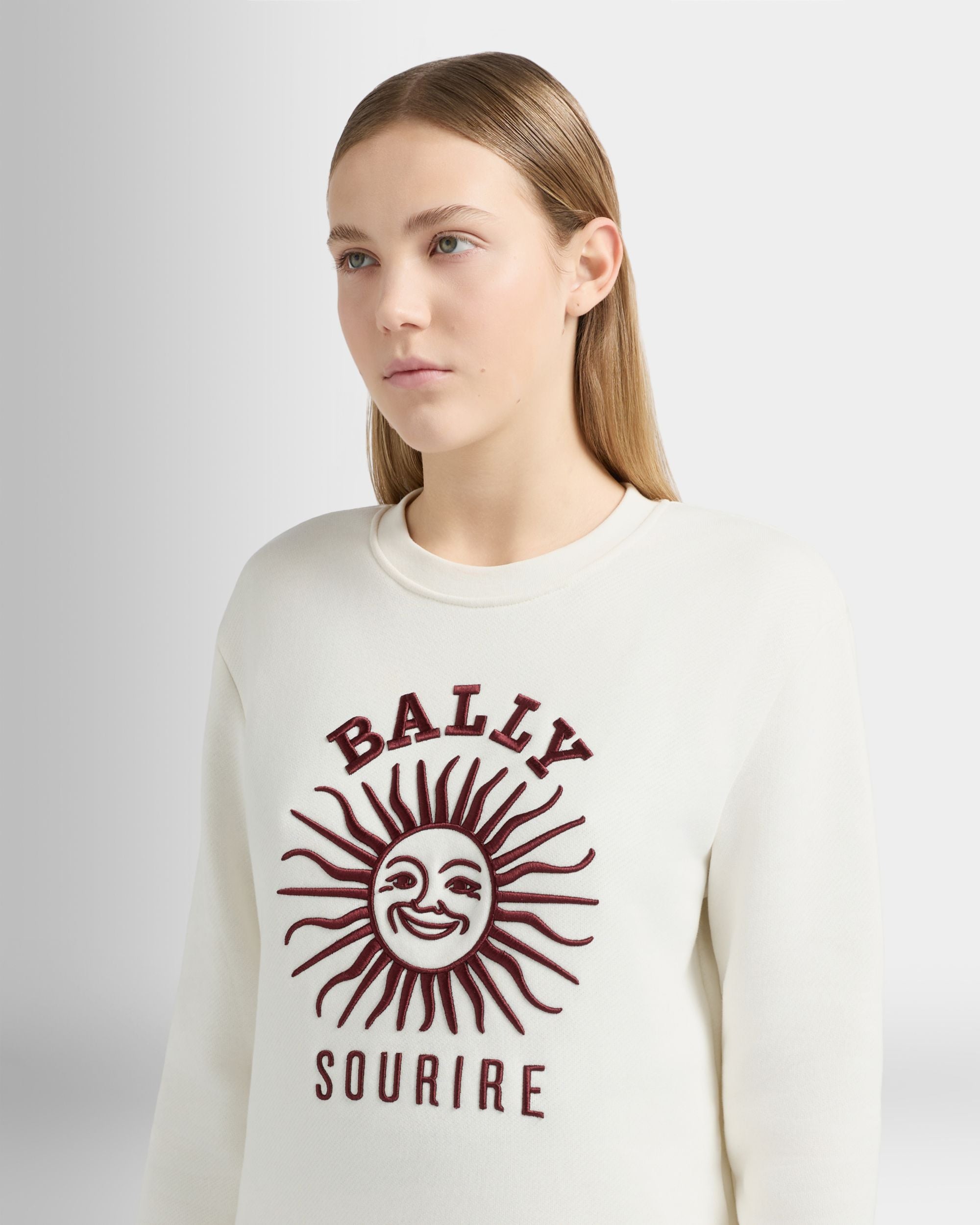 Bally Global - Sweatshirt in Ivory Cotton with Sourire Embroidery - White