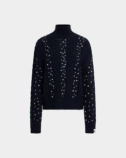 クリスマス ラインストーン入りロールネック セーター ネイビーブルーウール