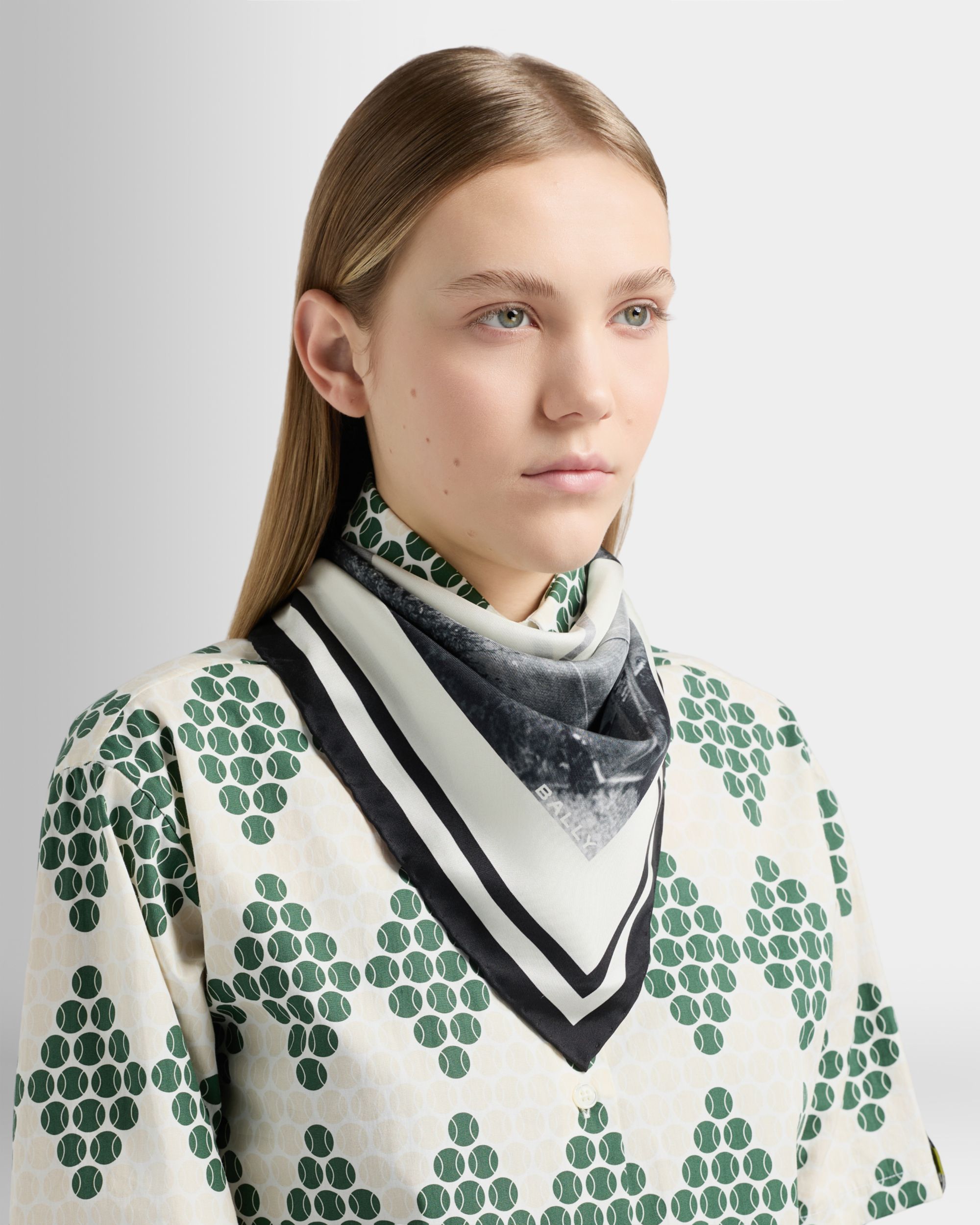 Bally Global - Tennis Collection Silk Scarf in Ivory With a Bally Tennis Court Graphic - White