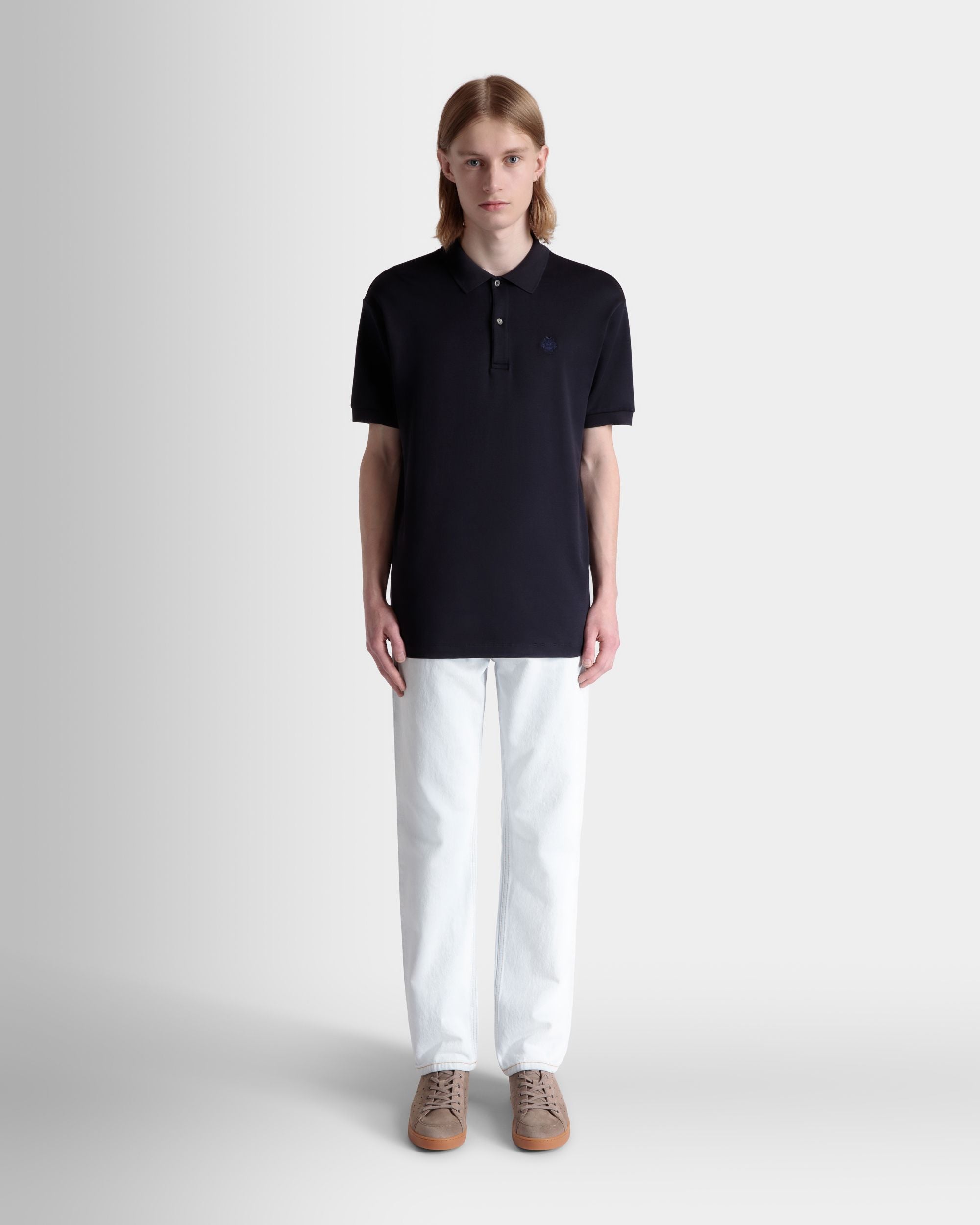 ショートスリーブ ポロシャツ Ballyクレストロゴ ネイビーブルー コットン＆シルクブレンド - 男性 - Bally - 02