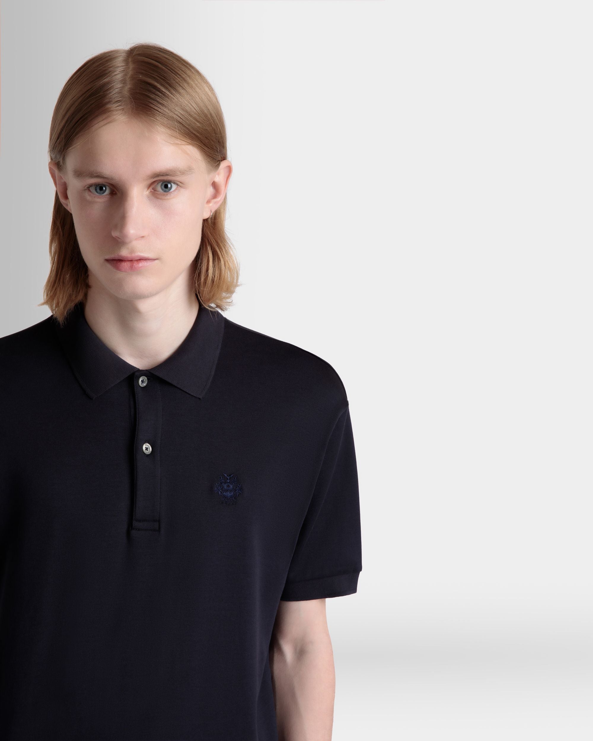 ショートスリーブ ポロシャツ Ballyクレストロゴ ネイビーブルー コットン＆シルクブレンド - 男性 - Bally - 03