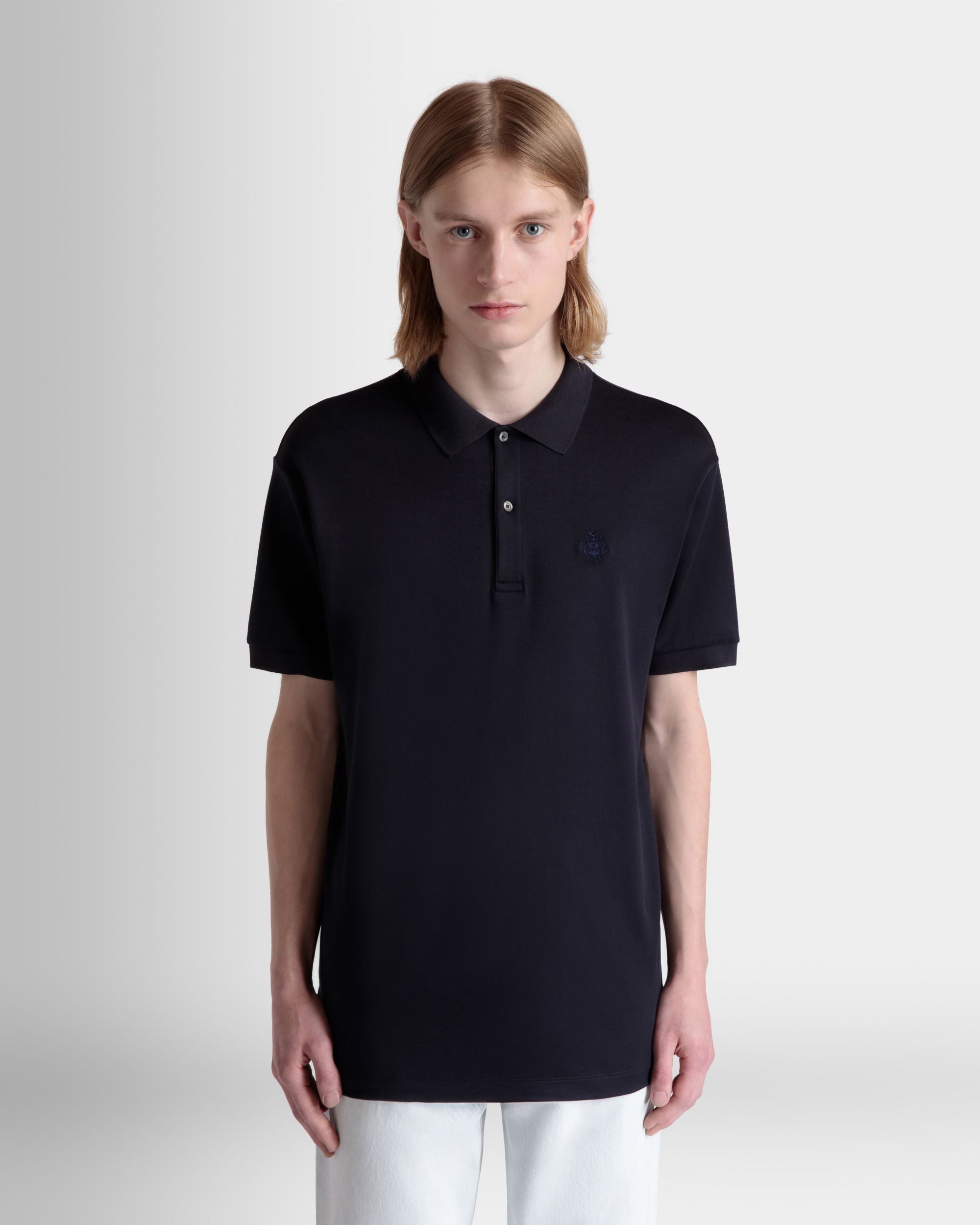 ショートスリーブ ポロシャツ Ballyクレストロゴ ネイビーブルー コットン＆シルクブレンド - 男性 - Bally - 09